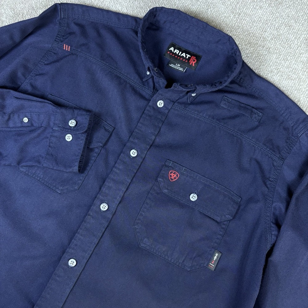Ariat FR Work Shirt Mens Large Navy Flame Resistant CAT 2 Long Sleeve USA Fabric